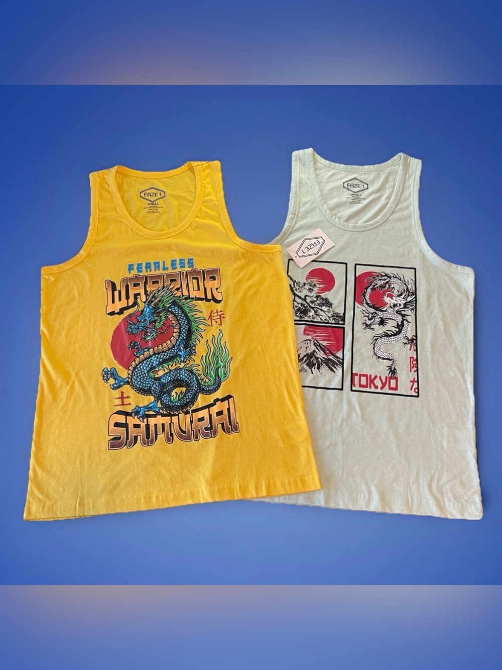 Faze 1 Men's Tank Top Bundle (2) NWT Small Yellow Light Green Dragon Samurai Art